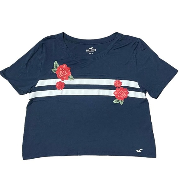 Hollister Viscose Blue Floral Embroidered Crop Tee Size M - Picture 1 of 7